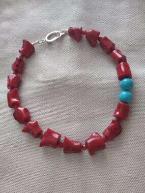 Vintage red coral & princess turquoise necklace with sterling silver toggle